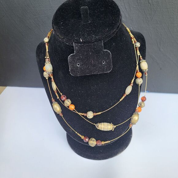 Earthy Triple Strand Floating Station Bohemian Brass Rust & Garnet Necklace 17" - Picture 5 of 14